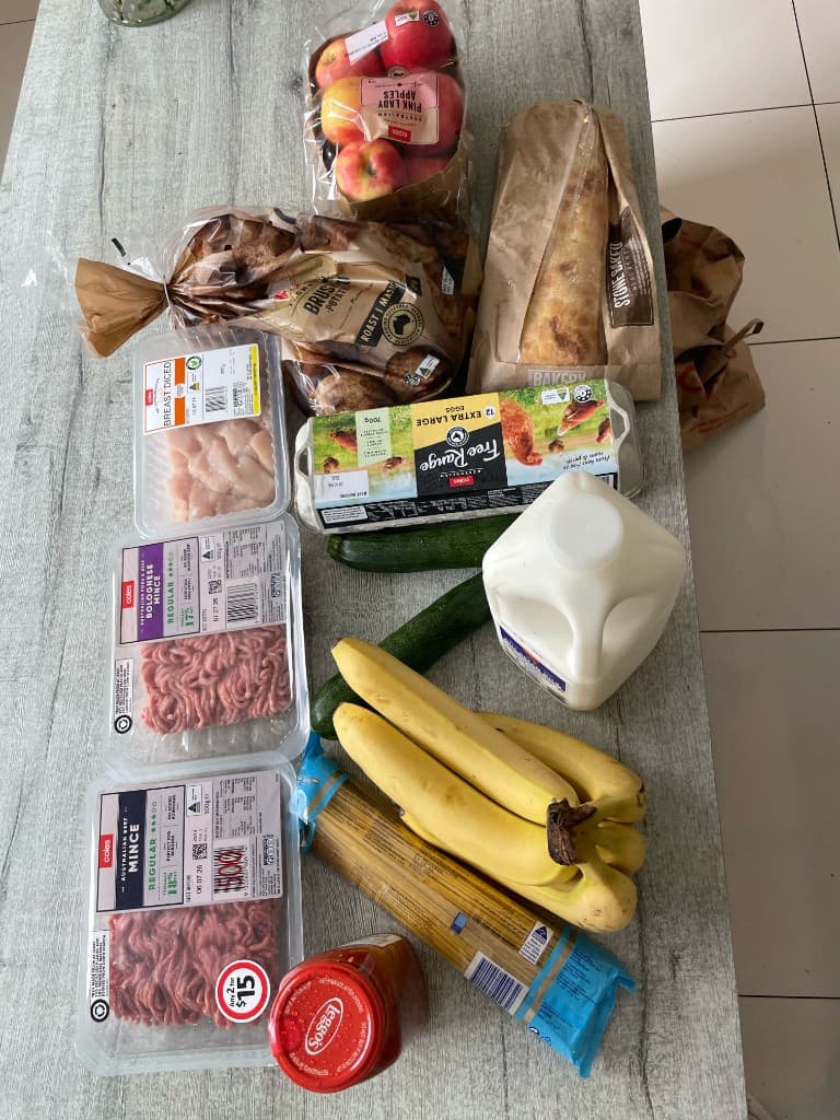 A $46.50 bag of groceries including fresh fruit, vegetables, chicken, mince, eggs, milk, pasta, bread, and pantry staples